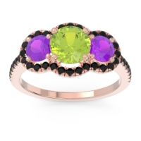Peridot Ring In 18K Rose Gold With Amethyst And Black Onyx Attika Round Three-stone Ring