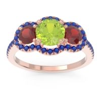 Peridot Ring In 14K Rose Gold With Garnet And Blue Sapphire Attika Round Three-stone Ring