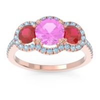 Pink Tourmaline Ring In 14K Rose Gold With Ruby And Aquamarine Attika Round Three-stone Ring
