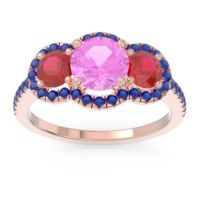 Pink Tourmaline Ring In 14K Rose Gold With Ruby And Blue Sapphire Attika Round Three-stone Ring