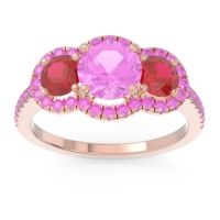 Pink Tourmaline Ring In 14K Rose Gold With Ruby Attika Round Three-stone Ring