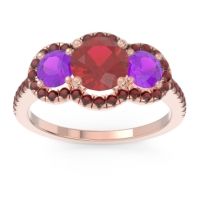 Lab Ruby Ring In 18K Rose Gold With Amethyst And Garnet Attika Round Three-stone Ring