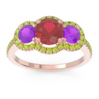 Lab Ruby Ring In 18K Rose Gold With Amethyst And Peridot Attika Round Three-stone Ring