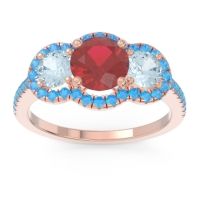 Lab Ruby Ring In 14K Rose Gold With Aquamarine And Swiss Blue Topaz Attika Round Three-stone Ring