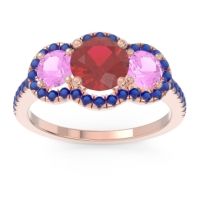 Ruby Ring In 14K Rose Gold With Pink Tourmaline And Blue Sapphire Attika Round Three-stone Ring