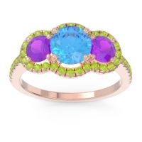 Swiss Blue Topaz Ring In 18K Rose Gold With Amethyst And Peridot Attika Round Three-stone Ring