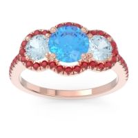 Swiss Blue Topaz Ring In 18K Rose Gold With Aquamarine And Ruby Attika Round Three-stone Ring