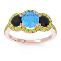 Swiss Blue Topaz Ring In 18K Rose Gold With Black Onyx And Peridot Attika Round Three-stone Ring