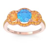 Swiss Blue Topaz Ring In 18K Rose Gold With Citrine Attika Round Three-stone Ring