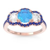 Swiss Blue Topaz Ring In 18K Rose Gold With Lab Diamond And Blue Sapphire Attika Round Three-stone Ring