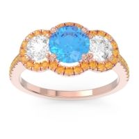 Swiss Blue Topaz Ring In 14K Rose Gold With Diamond And Citrine Attika Round Three-stone Ring
