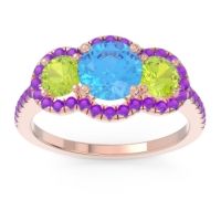 Swiss Blue Topaz Ring In 18K Rose Gold With Peridot And Amethyst Attika Round Three-stone Ring