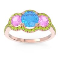 Swiss Blue Topaz Ring In 18K Rose Gold With Pink Tourmaline And Peridot Attika Round Three-stone Ring