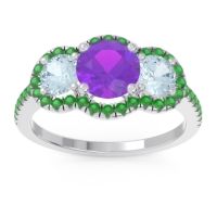 Amethyst Ring In 18k White Gold With Aquamarine And Emerald Attika Round Three-stone Ring