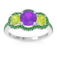 Amethyst Ring In Palladium With Peridot And Emerald Attika Round Three-stone Ring