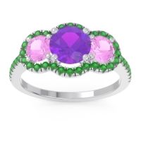 Amethyst Ring In Palladium With Pink Tourmaline And Emerald Attika Round Three-stone Ring