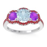 Aquamarine Ring In Palladium With Amethyst And Ruby Attika Round Three-stone Ring