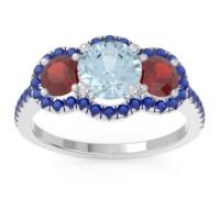 Aquamarine Ring In Palladium With Garnet And Blue Sapphire Attika Round Three-stone Ring