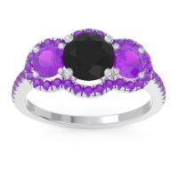 Black Onyx Ring In Palladium With Amethyst Attika Round Three-stone Ring