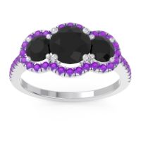 Black Onyx Ring In Palladium With Amethyst Attika Round Three-stone Ring