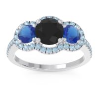 Black Onyx Ring In Palladium With Blue Sapphire And Aquamarine Attika Round Three-stone Ring
