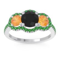 Black Onyx Ring In Palladium With Citrine And Emerald Attika Round Three-stone Ring