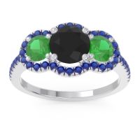 Black Onyx Ring In Palladium With Emerald And Blue Sapphire Attika Round Three-stone Ring