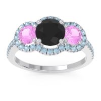 Black Onyx Ring In Palladium With Pink Tourmaline And Aquamarine Attika Round Three-stone Ring