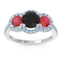 Black Onyx Ring In Palladium With Ruby And Aquamarine Attika Round Three-stone Ring