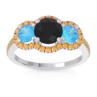 Black Onyx Ring In Palladium With Swiss Blue Topaz And Citrine Attika Round Three-stone Ring
