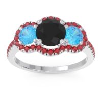 Black Onyx Ring In Palladium With Swiss Blue Topaz And Ruby Attika Round Three-stone Ring
