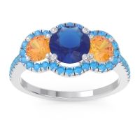 Lab Blue Sapphire Ring In Palladium With Citrine And Swiss Blue Topaz Attika Round Three-stone Ring