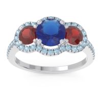 Lab Blue Sapphire Ring In 18k White Gold With Garnet And Aquamarine Attika Round Three-stone Ring