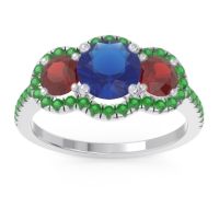 Blue Sapphire Ring In Palladium With Garnet And Emerald Attika Round Three-stone Ring