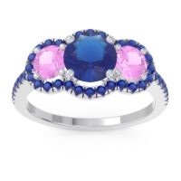 Lab Blue Sapphire Ring In 14k White Gold With Pink Tourmaline And Blue Sapphire Attika Round Three-stone Ring