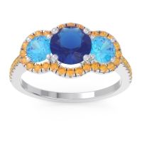 Lab Blue Sapphire Ring In Palladium With Swiss Blue Topaz And Citrine Attika Round Three-stone Ring