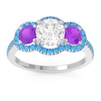 Lab Diamond Ring In Palladium With Amethyst And Swiss Blue Topaz Attika Round Three-stone Ring