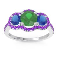 Lab Emerald Ring In Palladium With Blue Sapphire And Amethyst Attika Round Three-stone Ring