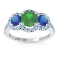 Lab Emerald Ring In Palladium With Blue Sapphire And Aquamarine Attika Round Three-stone Ring