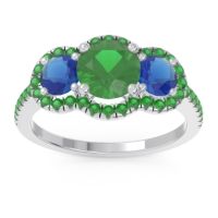 Lab Emerald Ring In Palladium With Blue Sapphire And Emerald Attika Round Three-stone Ring