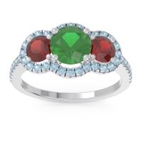 Emerald Ring In 18k White Gold With Garnet And Aquamarine Attika Round Three-stone Ring