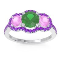 Emerald Ring In Palladium With Pink Tourmaline And Amethyst Attika Round Three-stone Ring