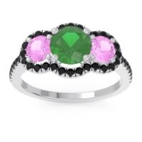 Lab Emerald Ring In Palladium With Pink Tourmaline And Black Onyx Attika Round Three-stone Ring