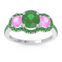 Lab Emerald Ring In Palladium With Pink Tourmaline And Emerald Attika Round Three-stone Ring