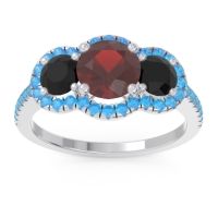 Garnet Ring In Palladium With Black Onyx And Swiss Blue Topaz Attika Round Three-stone Ring