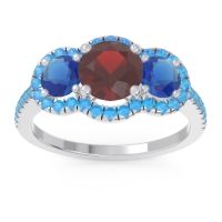 Garnet Ring In Palladium With Blue Sapphire And Swiss Blue Topaz Attika Round Three-stone Ring