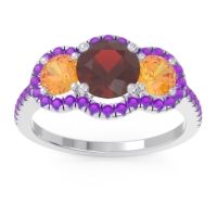 Garnet Ring In Palladium With Citrine And Amethyst Attika Round Three-stone Ring