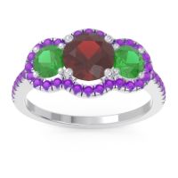 Garnet Ring In Palladium With Emerald And Amethyst Attika Round Three-stone Ring