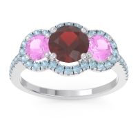 Garnet Ring In 14k White Gold With Pink Tourmaline And Aquamarine Attika Round Three-stone Ring