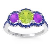 Peridot Ring In 14k White Gold With Amethyst And Blue Sapphire Attika Round Three-stone Ring